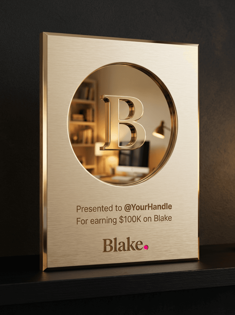 Concept rendering of the planned $100K plaque: brushed champagne gold with a mirrored circle, a raised gold B, and the Blake wordmark