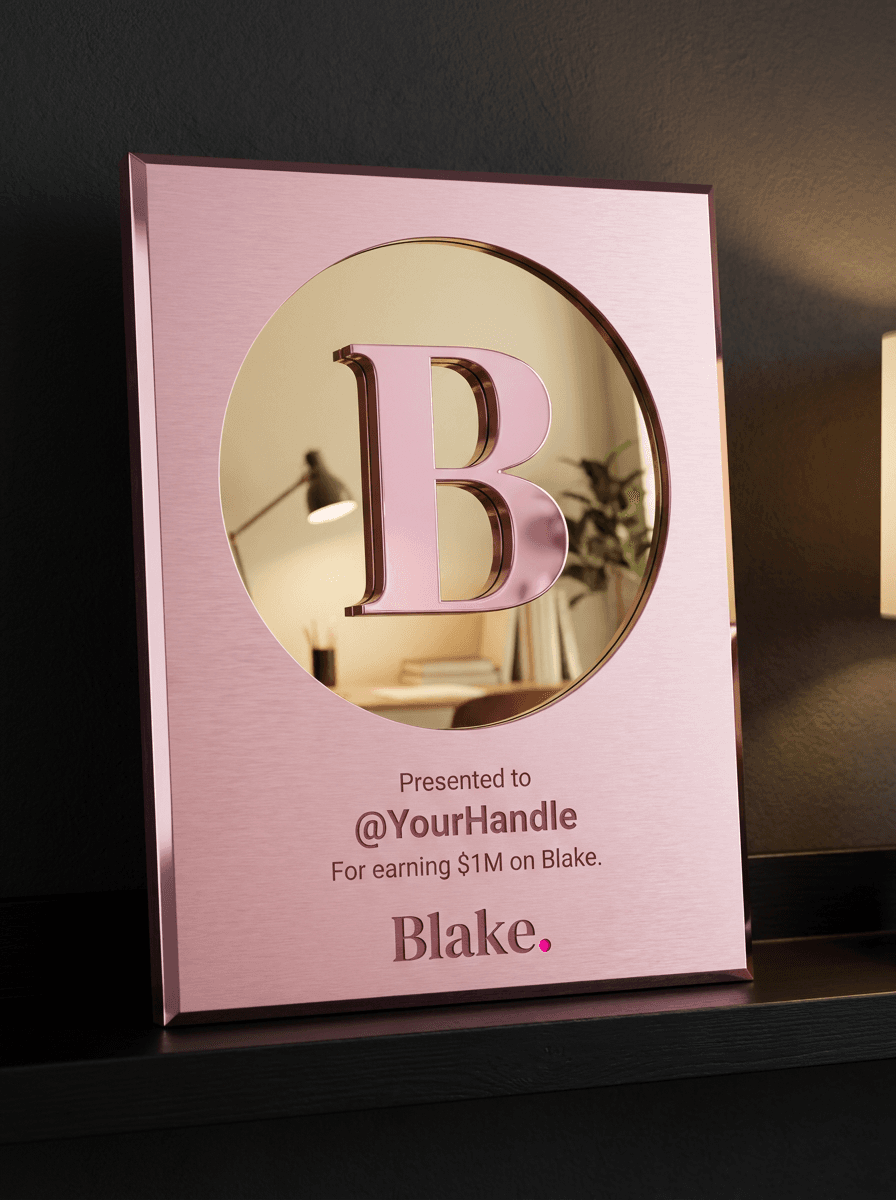 Concept rendering of the planned $1M plaque: brushed rose gold with a mirrored circle, a raised rose gold B, and the Blake wordmark